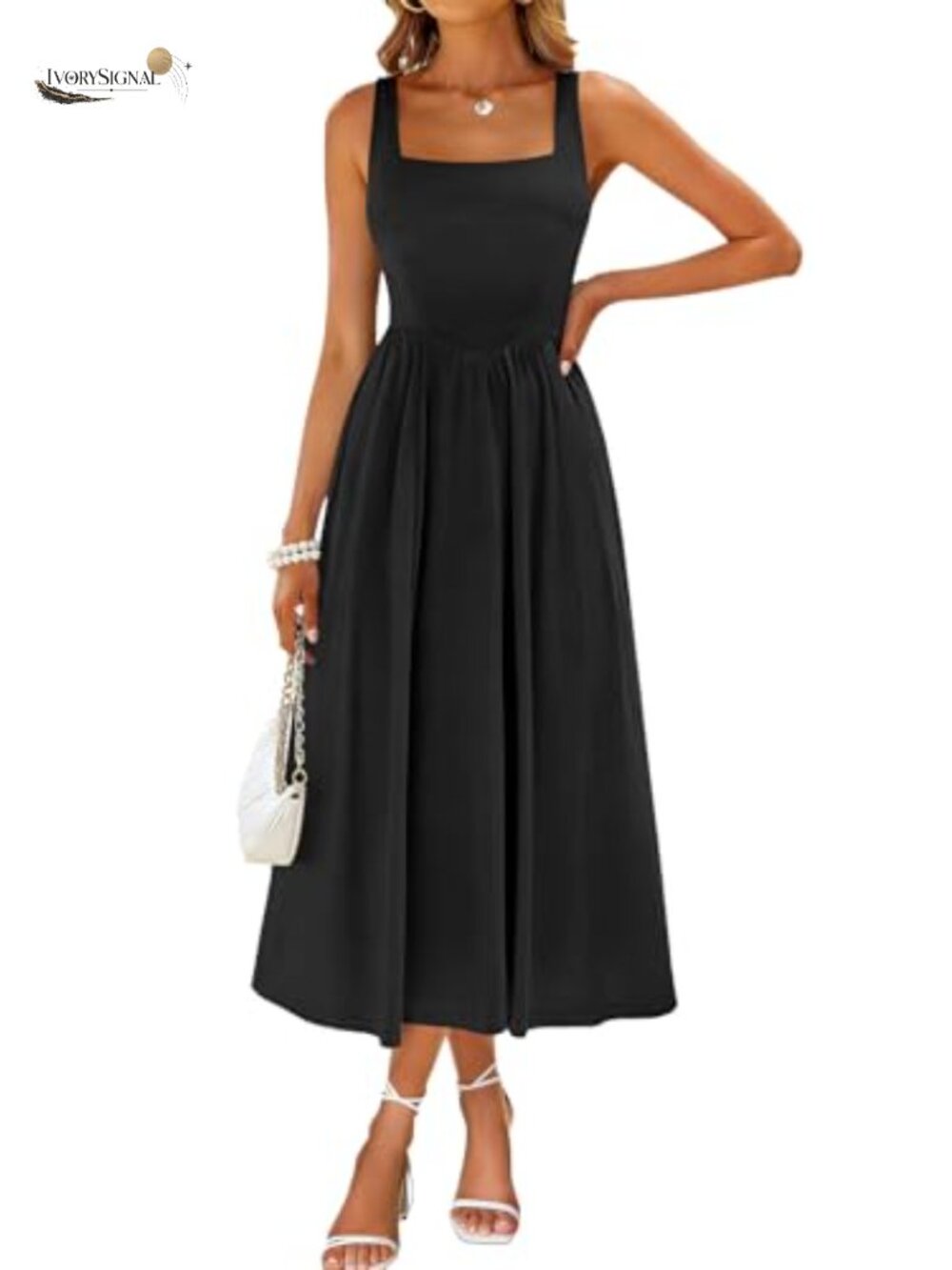 Sureple Square Neck Midi Dress Sleeveless A-Line Sundress with Pockets